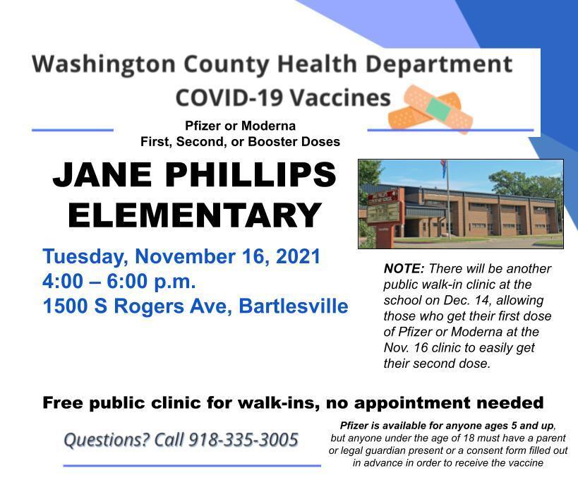 Walk-in COVID-19 vaccine clinic at Jane Phillips Elementary