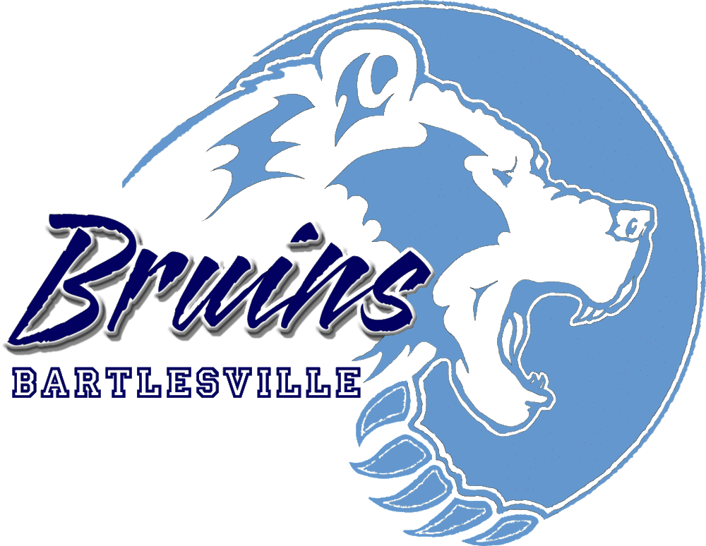 Bartlesville Public Schools logo, a blue bruin bear with the words Bruins and Bartlesville